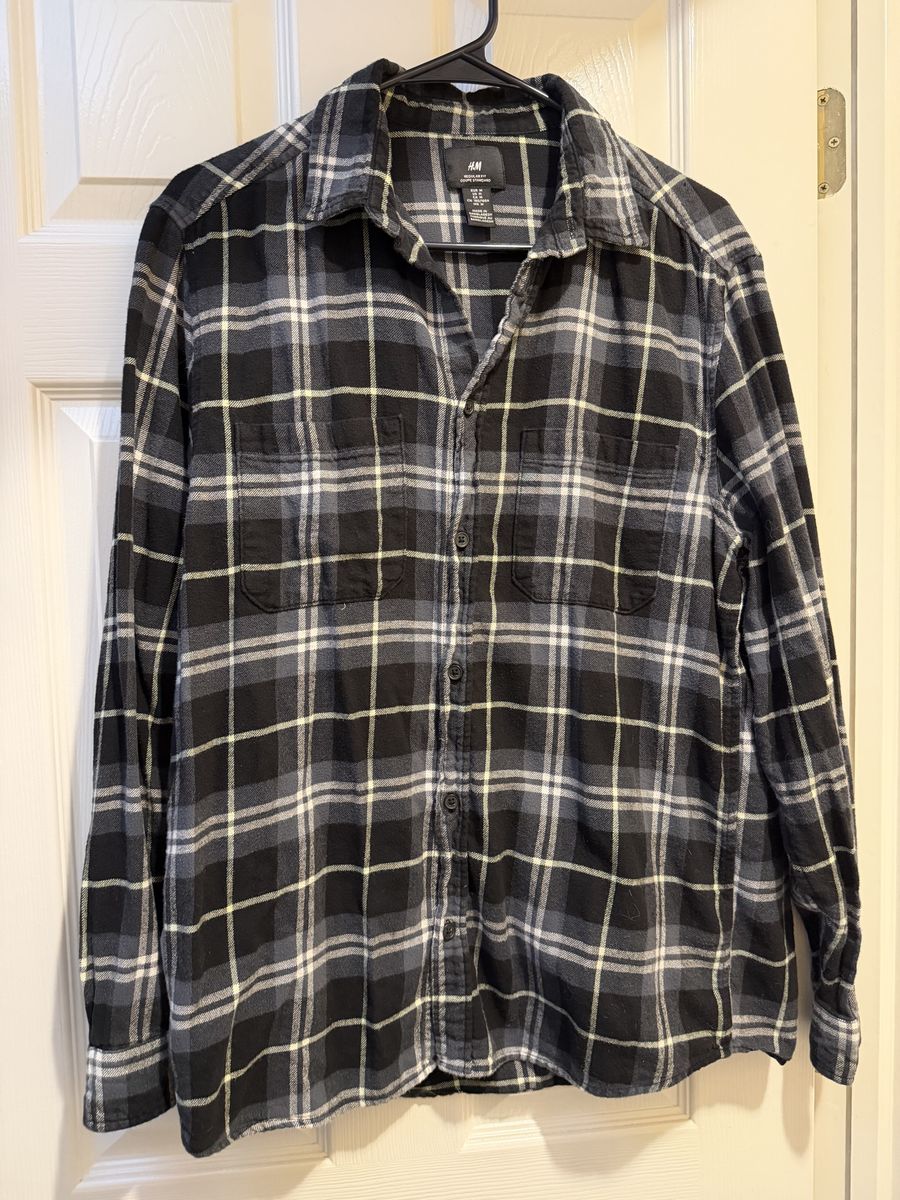 H&M Men's Regular Fit Plaid Flannel Shirt Size M - Black/White/Gray Long Sleeve