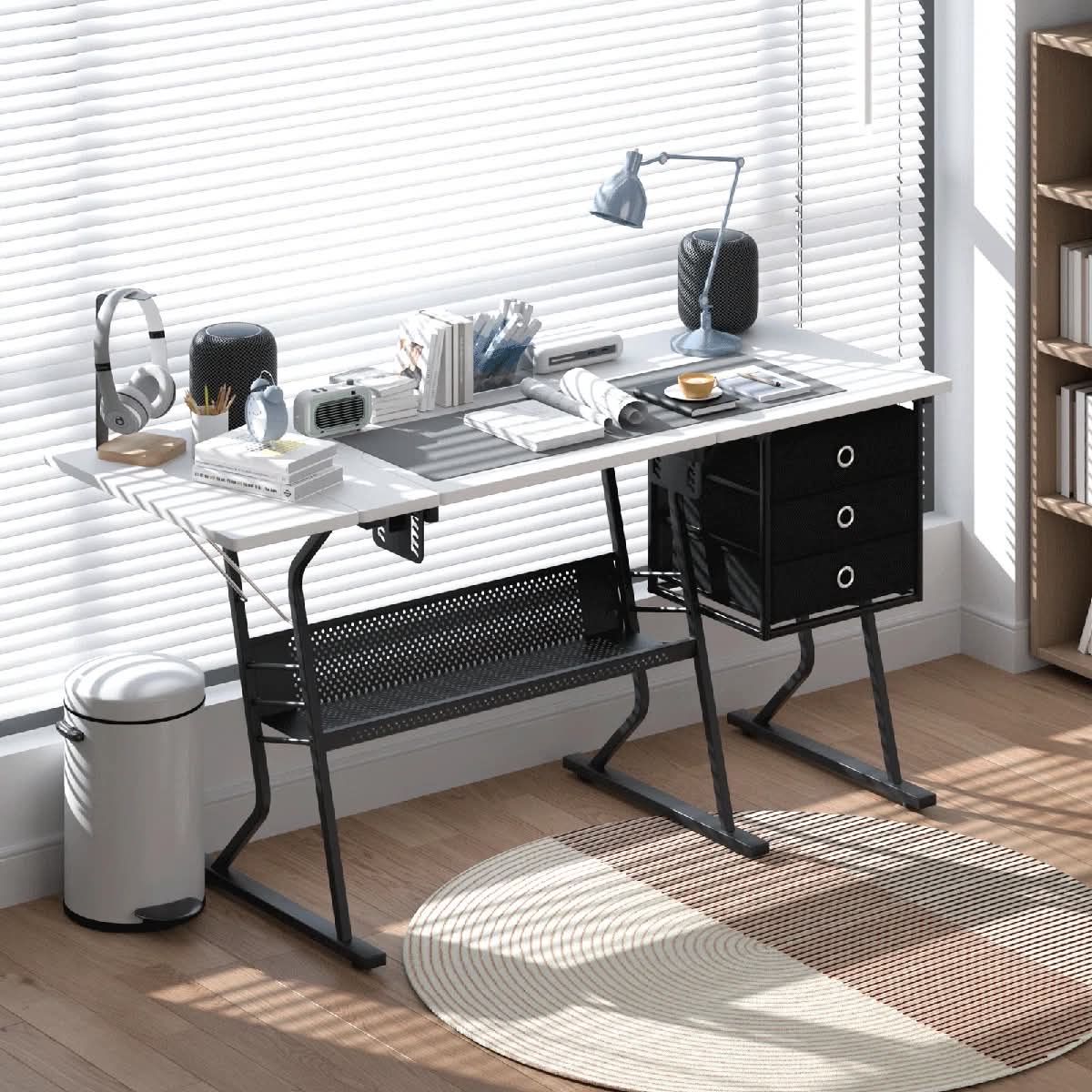 Durable 60" White MDF Sewing Craft Table with 3-Drawer Storage & Shelf