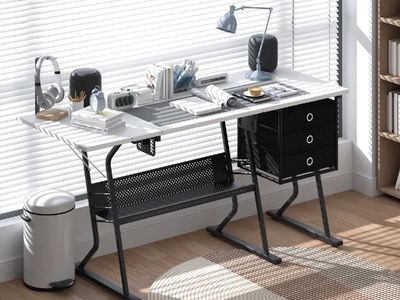 Durable 60" White MDF Sewing Craft Table with 3-Drawer Storage & Shelf