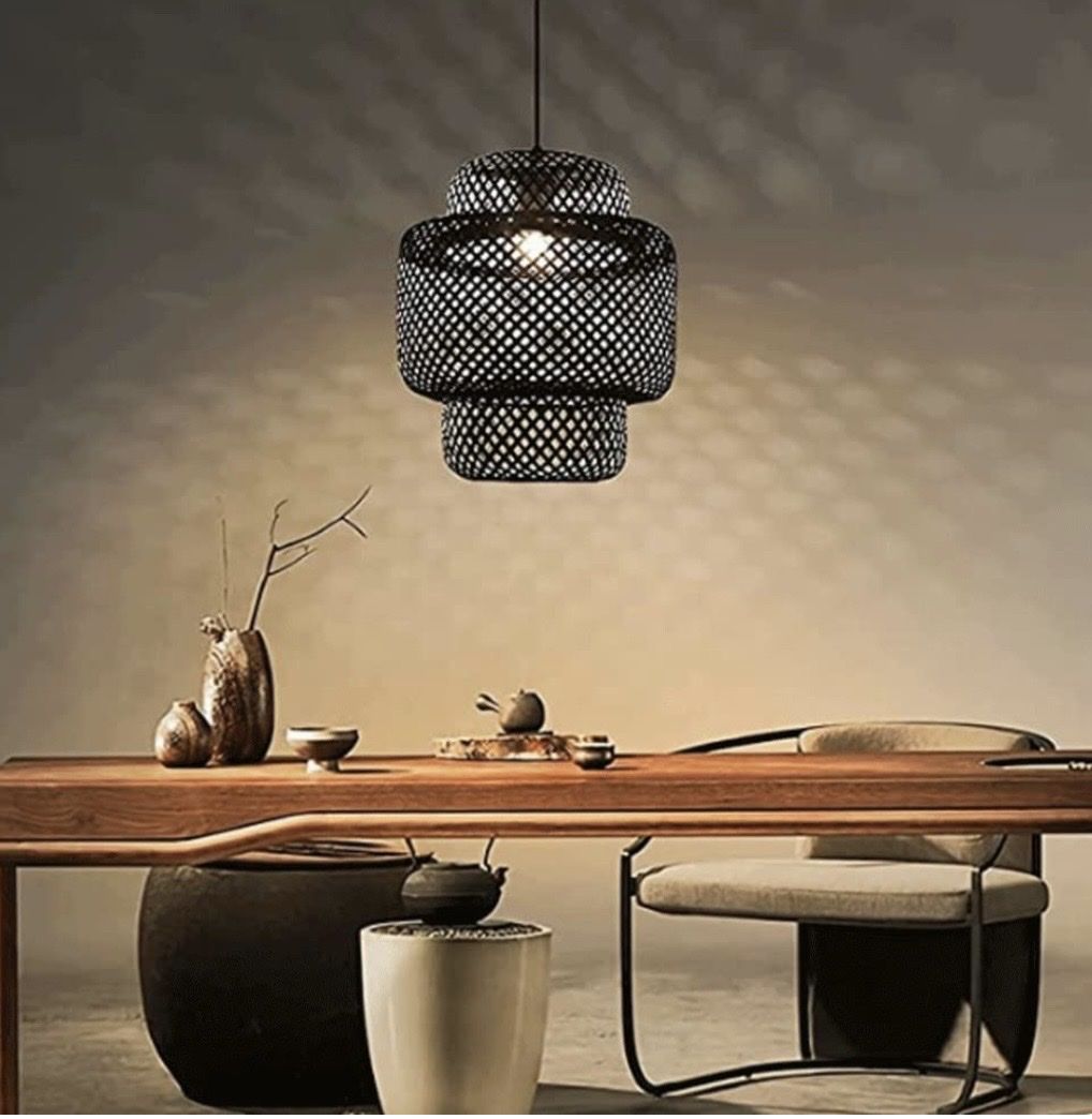 Handwoven Bamboo Rattan Pendant Light Fixture - Japandi Style Black Woven Lamp Shade