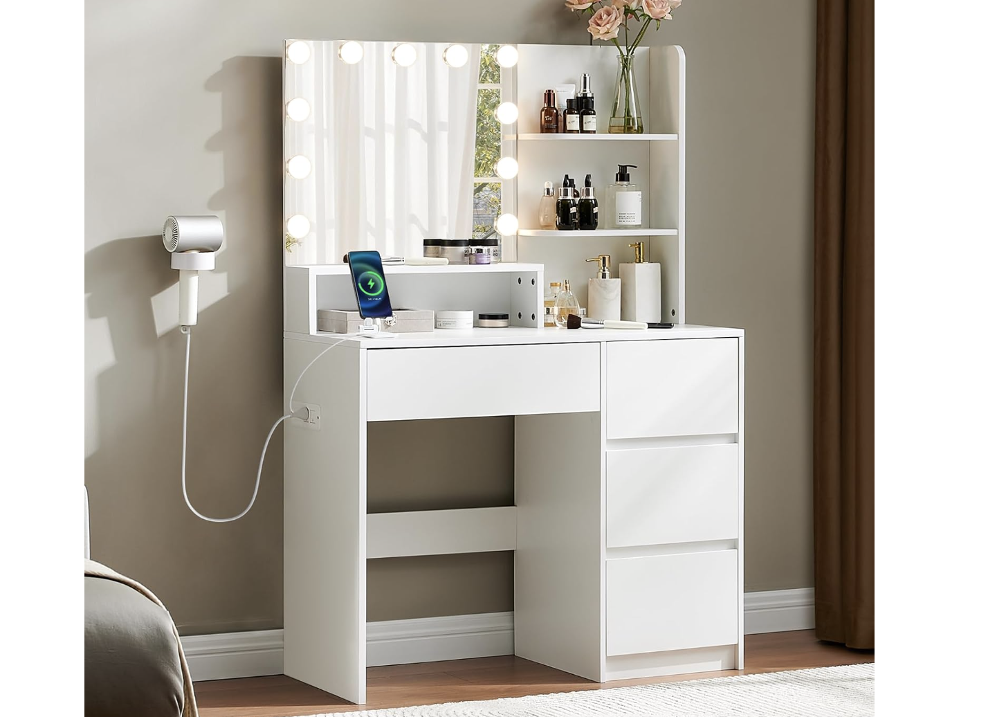New in Box White Vanity Desk with mirror and lights, Makeup Vanity Table with Power Outlet,
