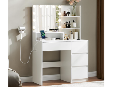 New in Box White Vanity Desk with mirror and lights, Makeup Vanity Table with Power Outlet,