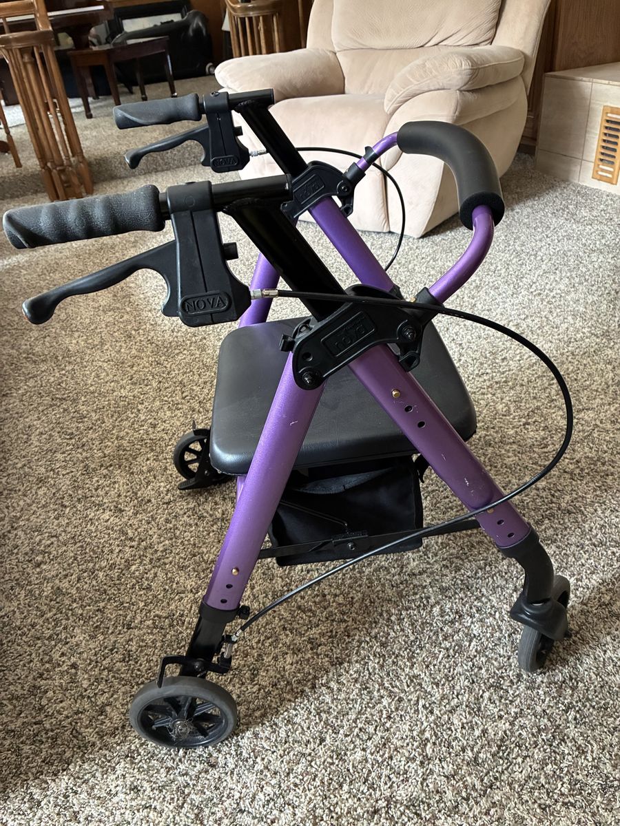 NOVA Purple Lightweight Folding Walker Rollator with Seat & Storage Bag
