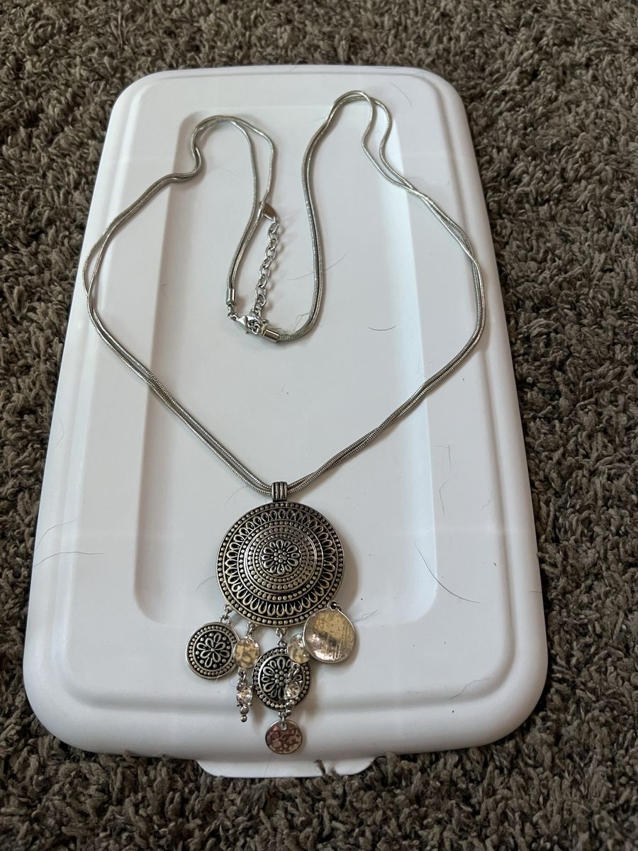 Silver-Tone Medallion Pendant Necklace with Dangle Charms - Used Condition