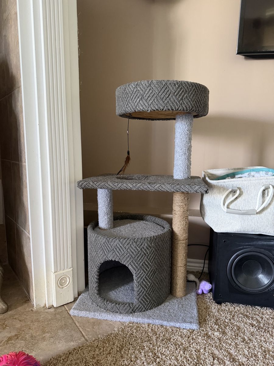 Grey Multi-Level Cat Tree with Condo, Scratching Post, and Perch