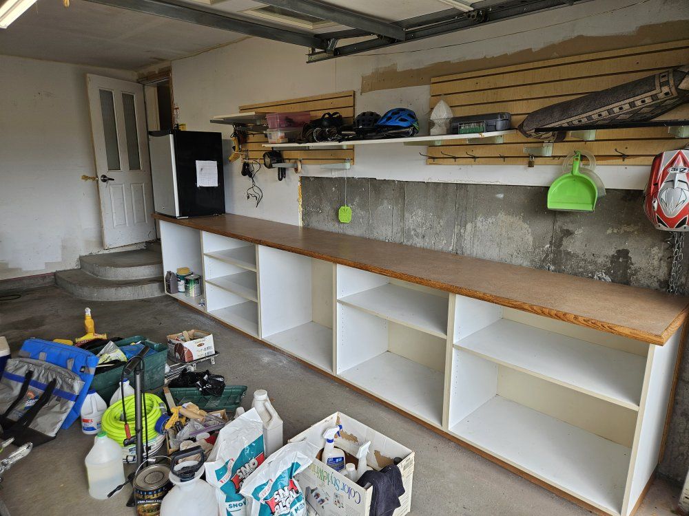 garage, cabinets, storage, shelves, workbench, laminated top