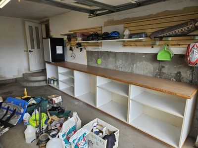 garage, cabinets, storage, shelves, workbench, laminated top