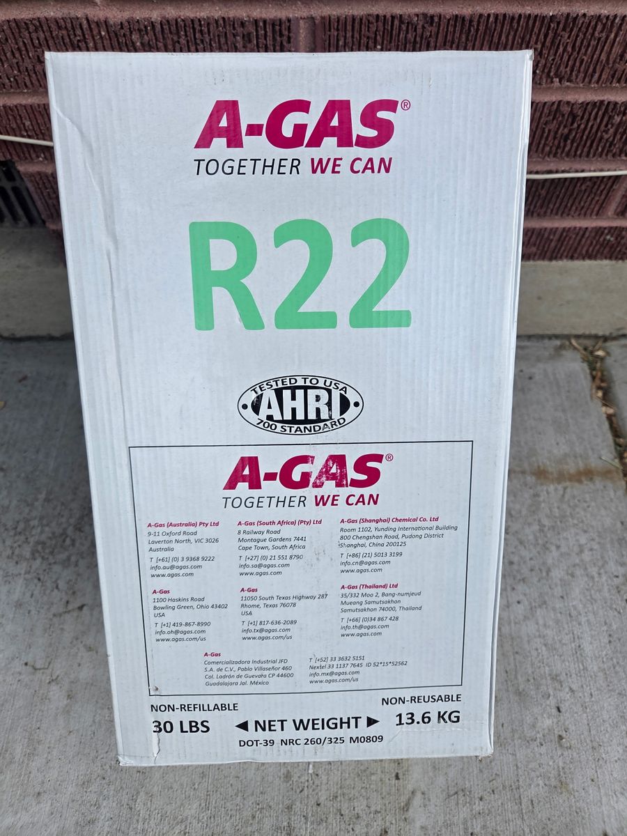 A-GAS R22 Refrigerant – Factory Sealed Virgin 30 lb Cylinder