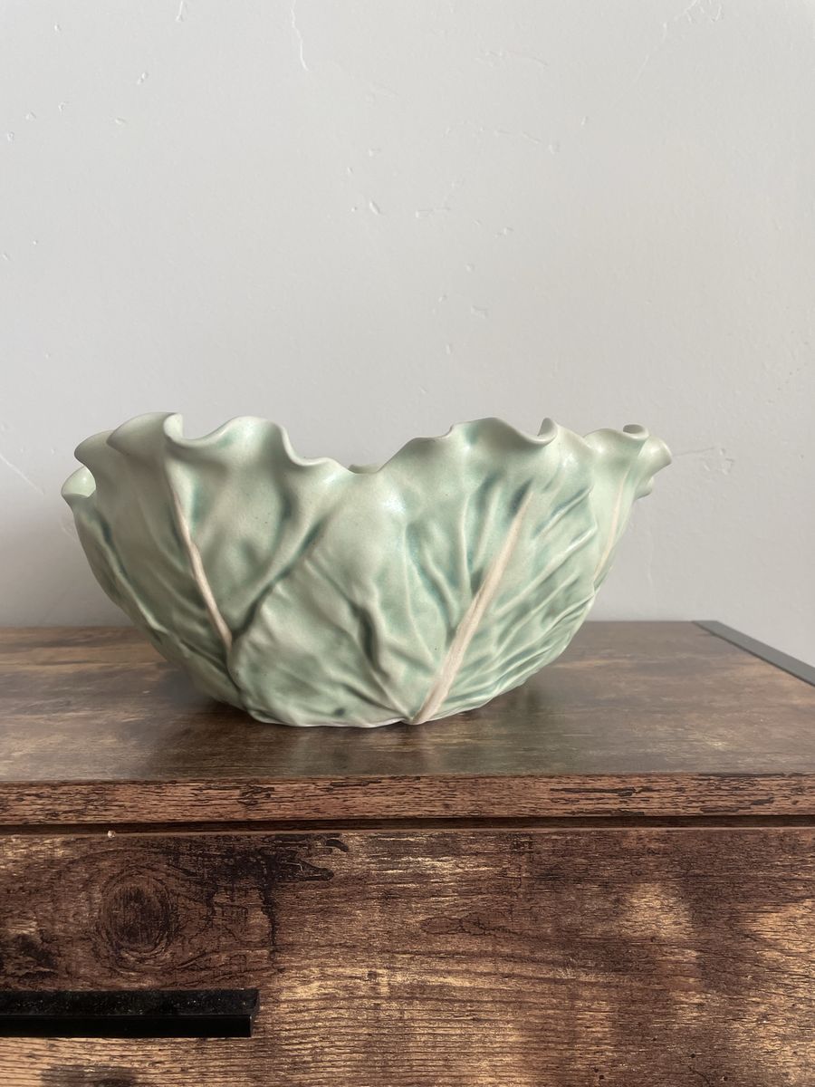 Vintage Handmade Ceramic Cabbage Leaf Serving Bowl — Patricia Garrett | Signed & Dated