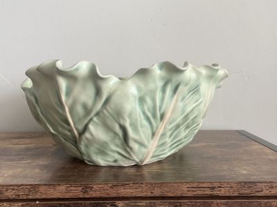 Vintage Handmade Ceramic Cabbage Leaf Serving Bowl — Patricia Garrett | Signed & Dated