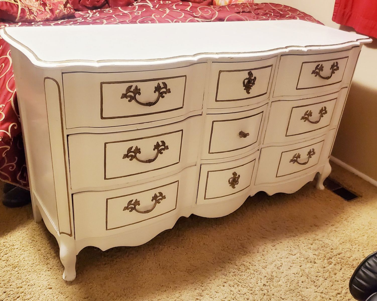 French Provincial 9-drawer Dresser with Gold Accents and Ornate Hardware