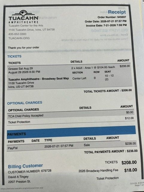 2 Tickets for Tuacahn - Grease - Saturday, August 29th   $100 for 2 tickets