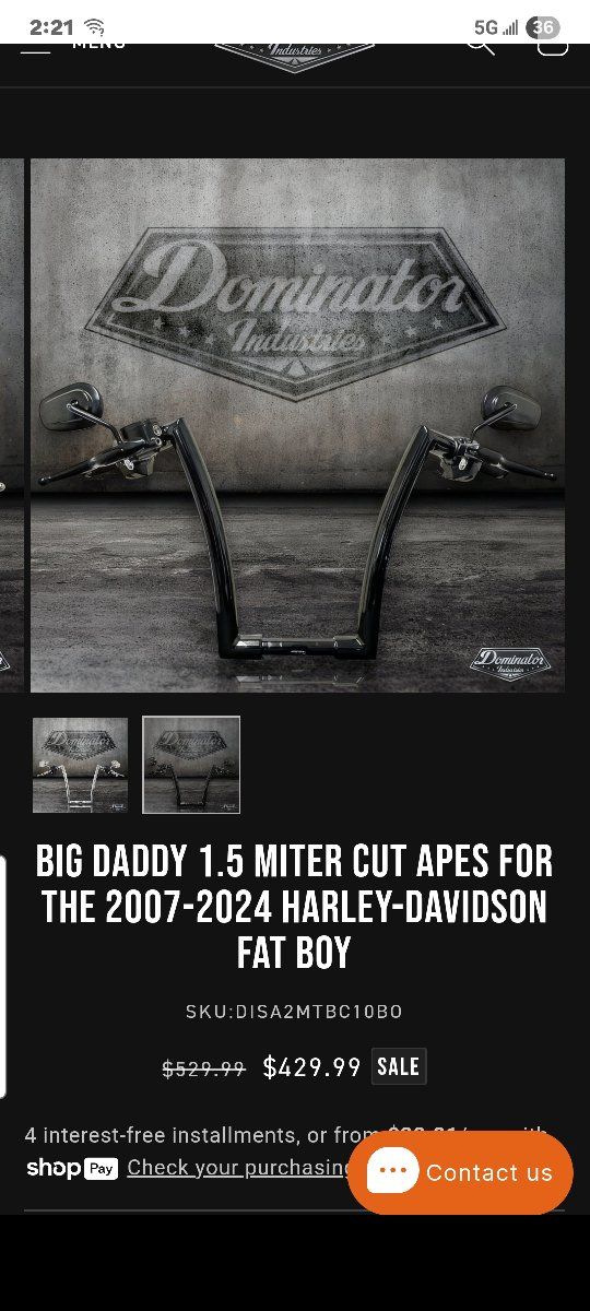 Dominator Industries Big Daddy 1.5" Miter Cut Ape Hangers for Harley-Davidson Fat Boy