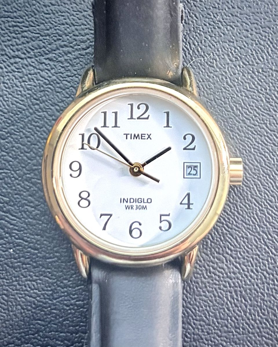 Timex Indiglo Quartz Women's Watch Date Gold Tone White Dial Black Strap