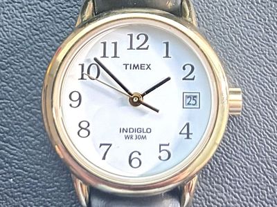 Timex Indiglo Quartz Women's Watch Date Gold Tone White Dial Black Strap