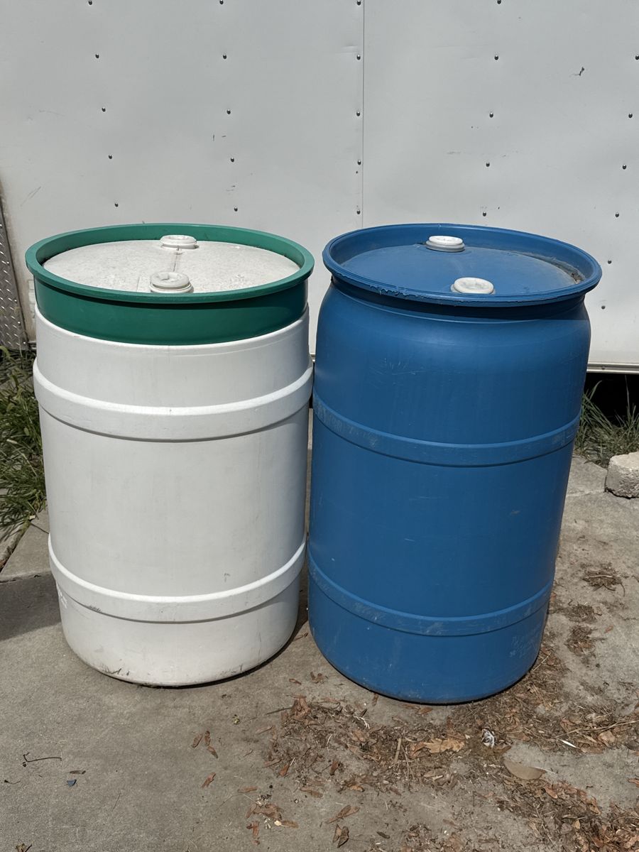 55 gallon water barrels (6 of them)- $10 each