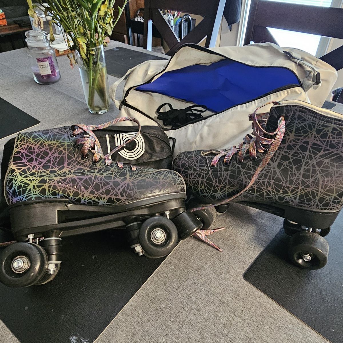 Cali Roller Skate Co. Black Rainbow Geometric Pattern Roller Skates with Bag
