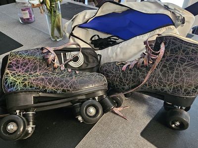 Cali Roller Skate Co. Black Rainbow Geometric Pattern Roller Skates with Bag