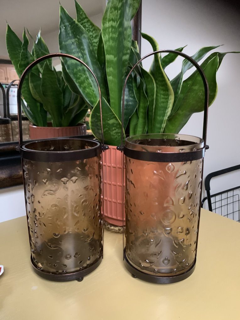 2 Embossed Glass Lantern Candle Holders W/Handles