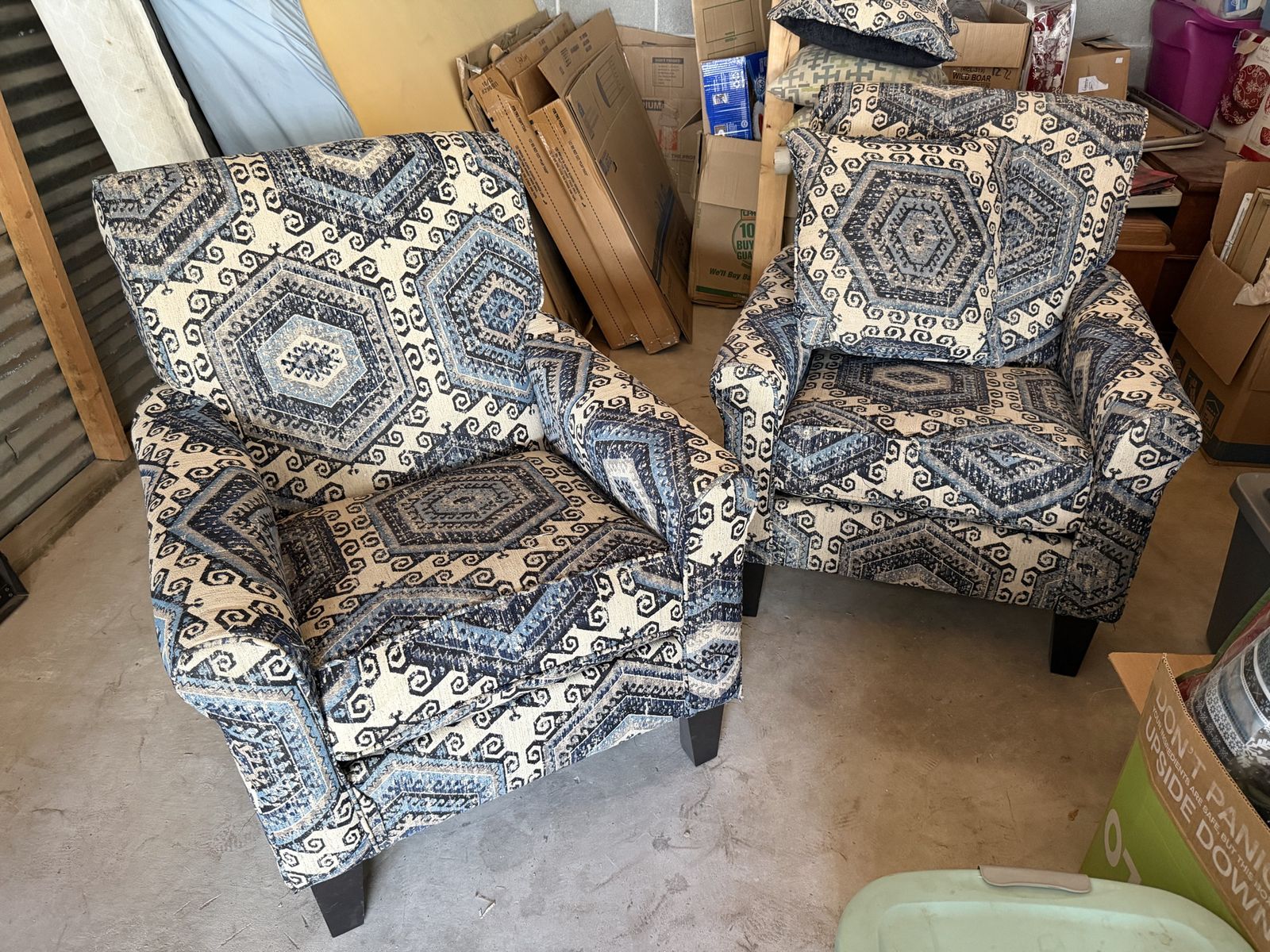 Pair of Upholstered Armchairs - Blue/White Geometric Pattern accent chairs