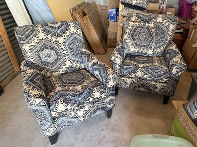 Pair of Upholstered Armchairs - Blue/White Geometric Pattern accent chairs