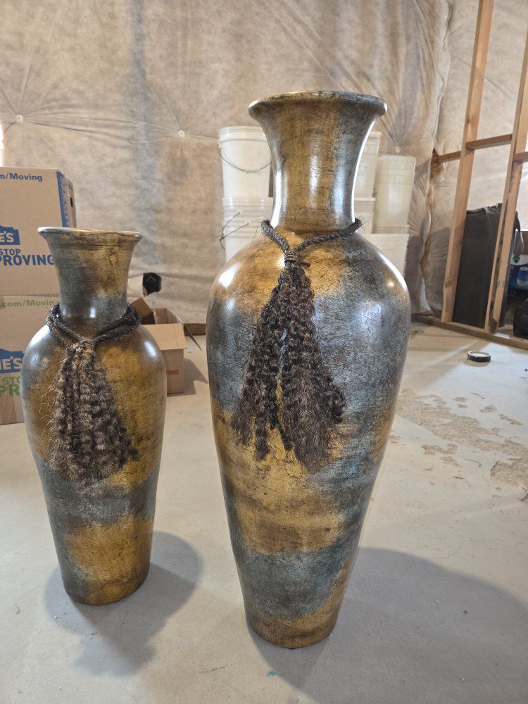 Set of 2 Large Rustic Decorative Floor Vases with Tassel Details