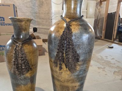 Set of 2 Large Rustic Decorative Floor Vases with Tassel Details