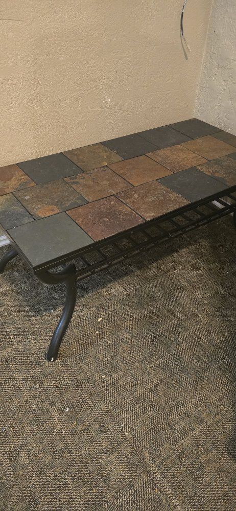 Rustic Slate Tile Top Coffee Table - Durable Metal Frame Living Room Furniture