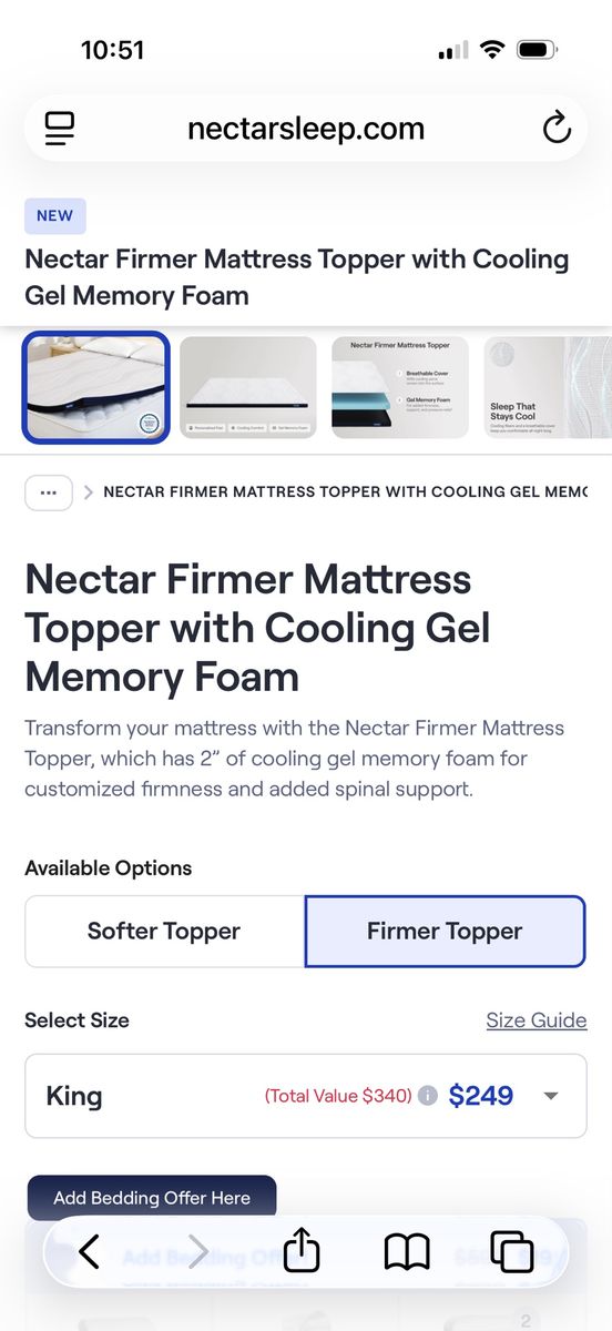 NEW Nectar King Firm Cooling Gel Memory Foam Mattress Topper – $150