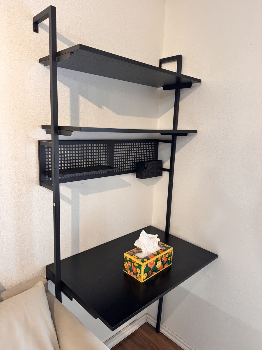 Black Wall-Mounted Desk with Shelves and Pegboard Organizer