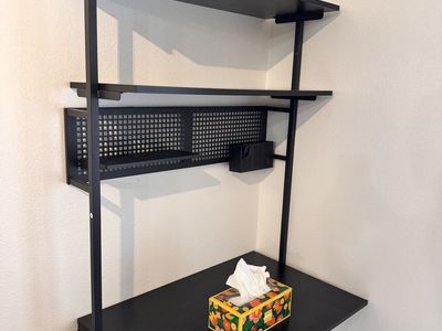 Black Wall-Mounted Desk with Shelves and Pegboard Organizer