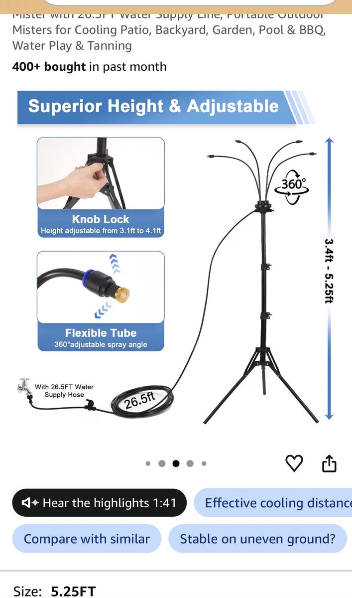 Portable Standing Outdoor Mister with 26.5FT Hose - Adjustable Height up to 5.25FT