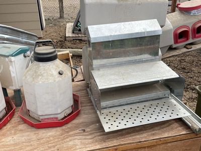 Assorted Treadle Feeders, Poultry Supplies, Feeders, Waterers, and Wire Pen Panels Lot