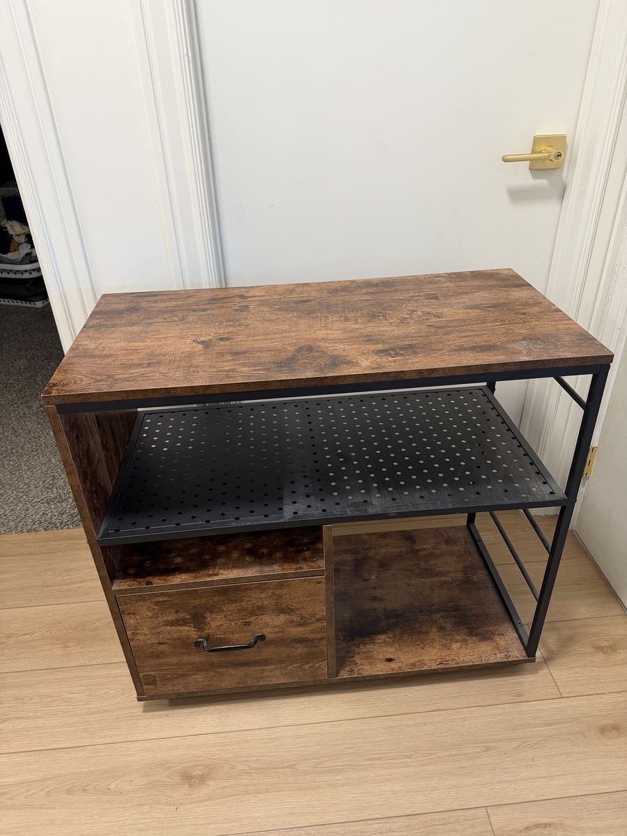 Industrial Style File Cabinet - Wood Top, Metal Frame, Perforated Shelf & Drawer