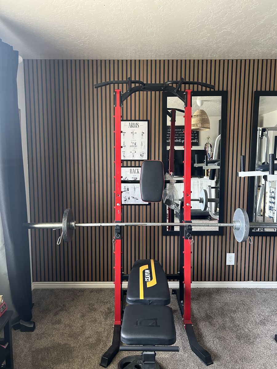 Unbranded Red & Black Weight Bench with Barbell and Plates