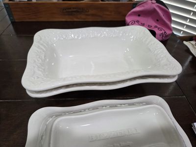 Bizzirri Made in Italy White Ceramic Lasagna Baking Dishes Set of 3 Rectangular Embossed Serveware
