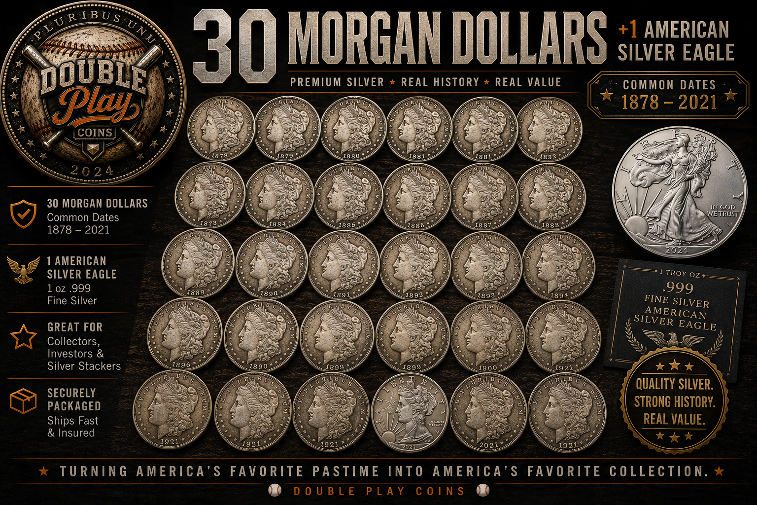 30, (1) American Silver Eagle as a bonus, Morgan Silver Dollars (1881-1902, 1921) | Better Dates Included )
