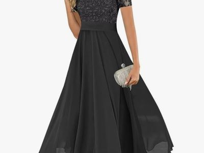 Women Short Sleeve Lace Applique Long Chiffon Formal Dress -NEW ITEM