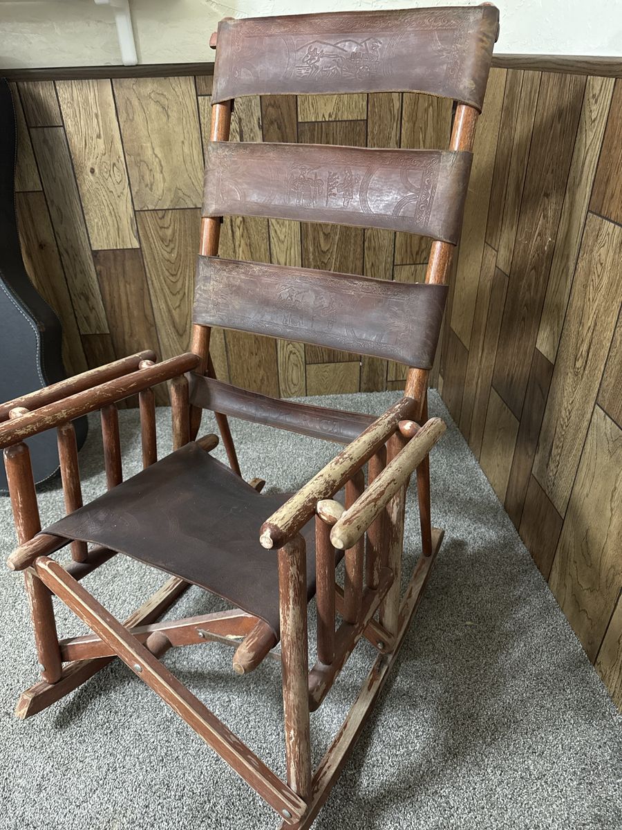 Vintage Wooden Rocking Chair with Embossed Tooled Leather Slats