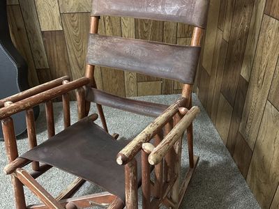Vintage Wooden Rocking Chair with Embossed Tooled Leather Slats
