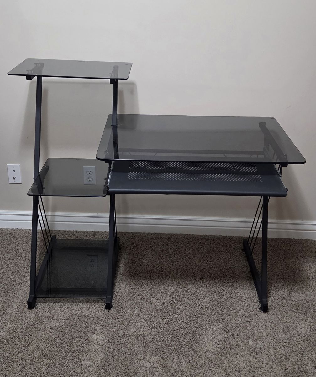 Glass Computer or Student Desk with Multi-Tier Shelving and Keyboard Tray