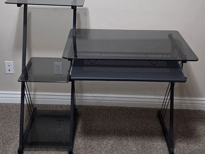 Glass Computer or Student Desk with Multi-Tier Shelving and Keyboard Tray