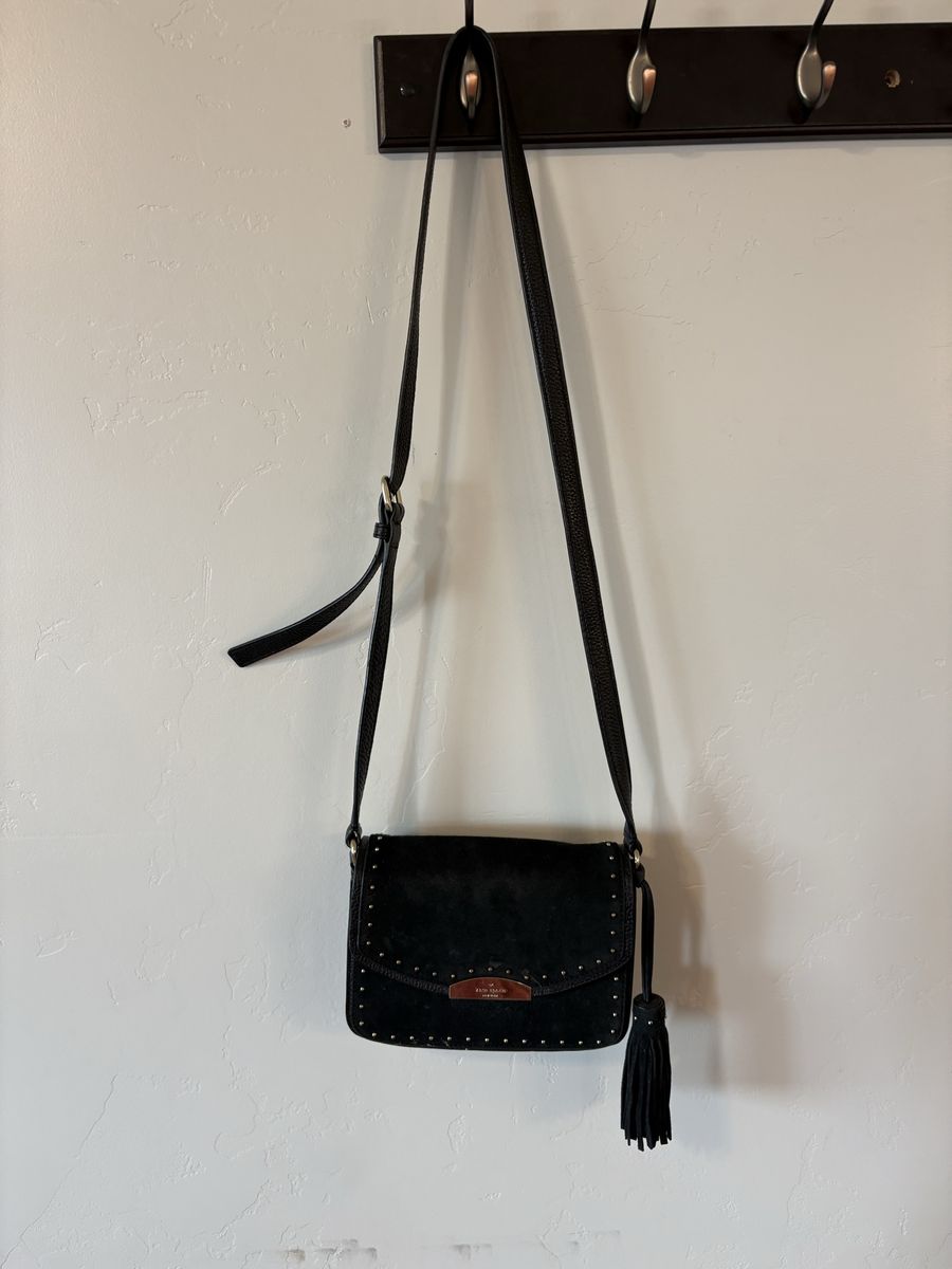 Kate Spade New York Black Studded Suede & Leather Crossbody Bag with Tassel Accent