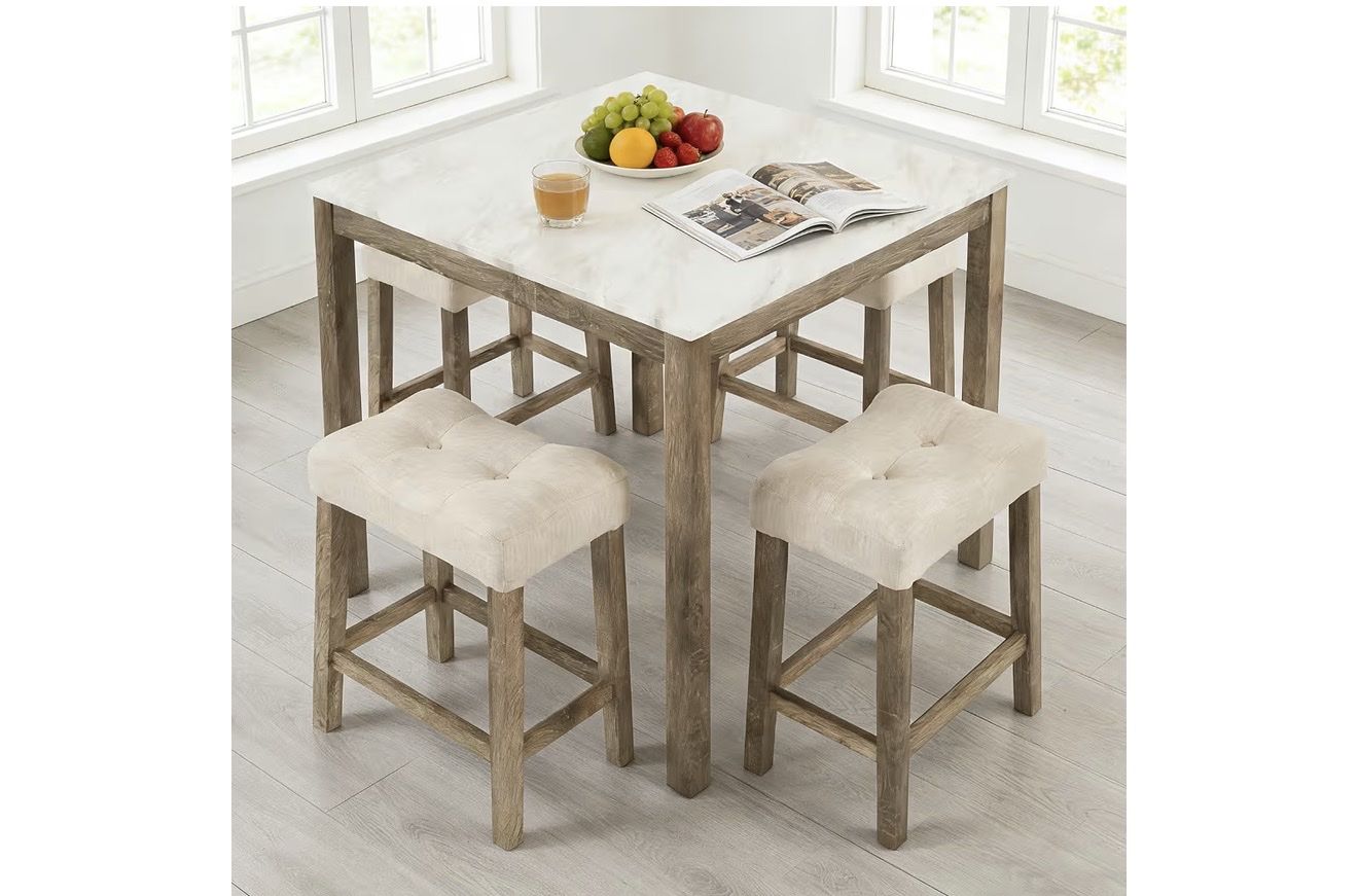 5-Piece Bar Table & 4 Stools Set - Faux Marble Top, Compact Design, 300lb Capacity