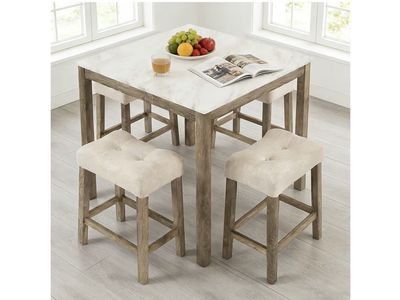 5-Piece Bar Table & 4 Stools Set - Faux Marble Top, Compact Design, 300lb Capacity