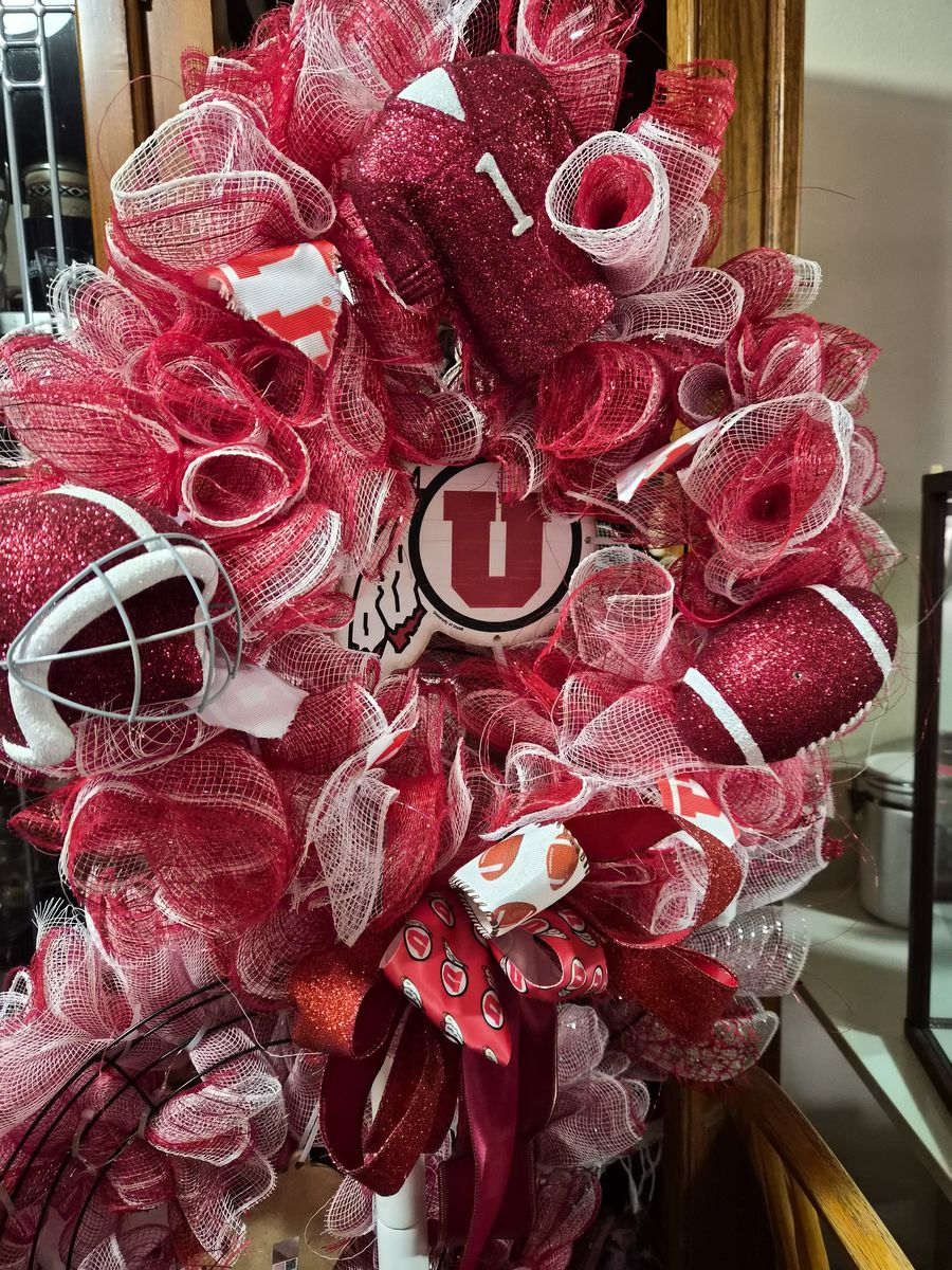 Handmade University of Utah Utes Football Mesh Wreath - Red & White Spirit Decor