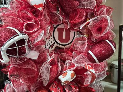 Handmade University of Utah Utes Football Mesh Wreath - Red & White Spirit Decor