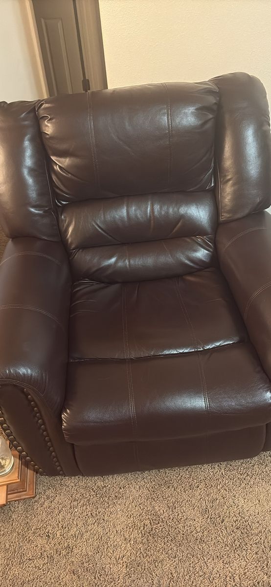 Brown Faux Leather Recliner - Nailhead Trim, Plush Seating