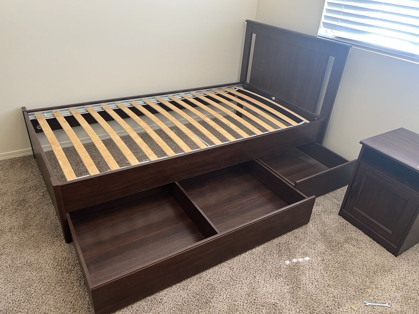 Dark Wood Twin Bed with Under-Bed Storage & Matching Nightstand - Used Good Condition