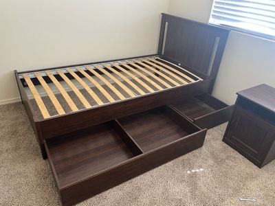 Dark Wood Twin Bed with Under-Bed Storage & Matching Nightstand - Used Good Condition
